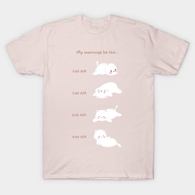 Lazy White Cat Morning Routine T-Shirt by JileeArt